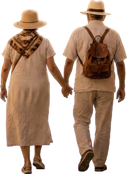 Pareja de pensionados caminando por la ciudad antigua